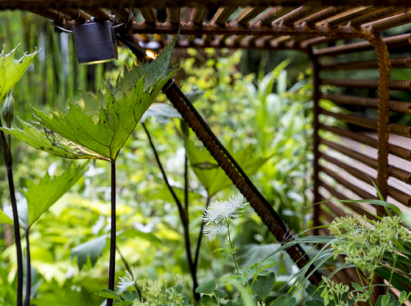 Un spot orienté idéalement, conduit le regard vers la diversité des feuillages du jardin.